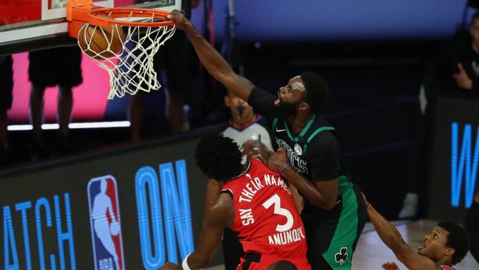 Boston Celtics’ Jaylen Brown dunks over Toronto Raptors’ Ogugua Anunoby in Game 5 of their Eastern Conference semifinals match. CBS SPORTS PHOTO