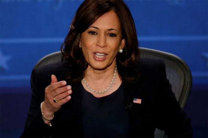 Democratic vice presidential nominee Sen. Kamala Harris speaks during the vice presidential campaign debate with US Vice President Mike Pence held on the campus of the University of Utah in Salt Lake City, Utah, US, Oct. 7, 2020. BRIAN SNYDER/REUTERS