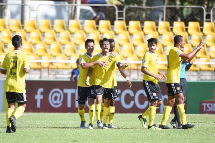 Ilonggo Jovin Bedic rejoices with Kaya Futbol Club teammates after scoring a goal. AFC PHOTO