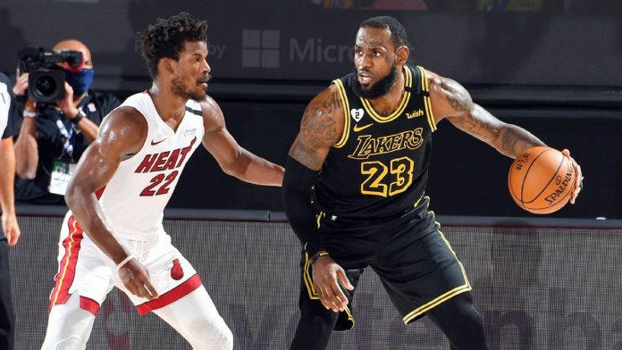 Los Angeles Lakers’ LeBron James attacks the defense of Miami Heat’s Jimmy Butler in Game 5 of their 2019-2020 NBA Finals. ESPN PHOTO