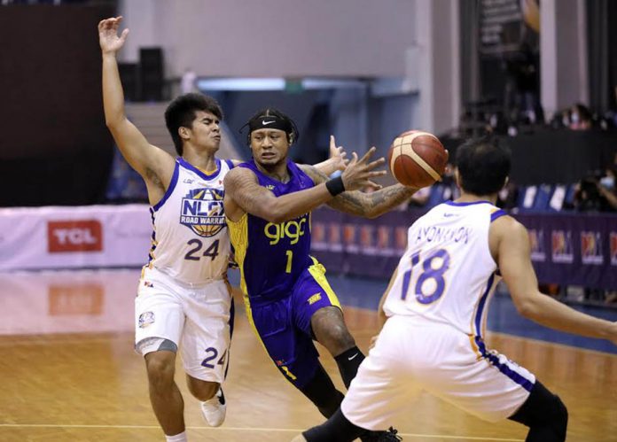 TNT Tropang Giga’s Bobby Ray Parks Jr. bumps into Ilonggo Kiefer Ravena of NLEX Road Warriors during their 2020 PBA Philippine Cup match at the AUF Sports Arena and Cultural Center in Pampanga on Thursday night. PBA PHOTO