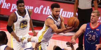 Golden State Warriors’ Stephen Curry attacks the defense of Detroit Pistons’ Josh Jackson for a layup. GREGORY SHAMUS/GETTY IMAGES