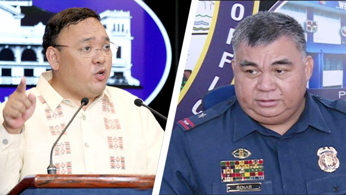 Palace spokesperson Harry Roque (left) refuted PNP chief Gen. Debold Sinas after the latter discouraged the public from taking videos of crime incidents, saying this could put the witnesses at risk. ROQUE(PRESIDENTIAL PHOTO), SINAS( ABS-CBN NEWS PHOT)