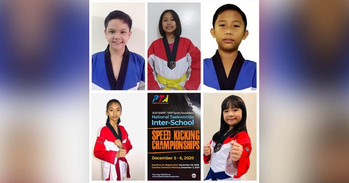 (First row) Gadiel Lopez, Dasal Moriah Beatingo and Cipriano Lumanog together with (second row) Wynnonah Kiarra Chavez and Theressha Avanceña showcased their wares during the 2020 Smart/MVP Sports Foundation National Taekwondo Inter-School Speed Kicking Championship. PHOTO COURTESY OF NTU-TIGERS NEW GEN