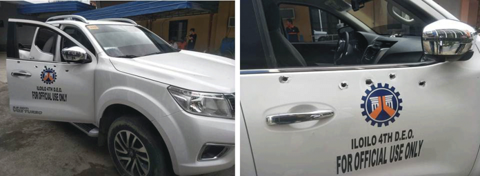 AMBUSH MARKS. These are some of the bullet holes sustained by the service vehicle of Engineer Eva Bedonia and Rogelio Serilo of the Department of Public Works and Highways from armed men who ambushed them on Jan. 18, 2021 in Barangay Bolong Oeste, Santa Barbara, Iloilo. IAN PAUL CORDERO/PN