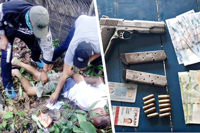 PRO-6 PHOTO Police operatives (left photo) pin to the ground gunrunning suspect Noe Moreno during an entrapment operation in Cauayan, Negros Occidental. They recovered a gun, bullets and money (right photo). Moreno faces a charge for violation of the Comprehensive Firearms and Ammunition Regulation Act.