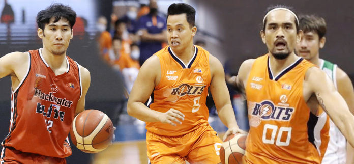 Rey Mark Belo (left) will banner the Meralco Bolts while Baser Amer (center) and Bryan Faundo (right) will don the Blackwater Elite’s colors as the Philippine Basketball Association Commissioner’s Office approved Thursday the trade between the two teams. PBA PHOTO