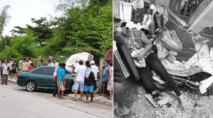 People rush to this scene of a vehicular accident in Barangay Funda-Dalipe, San Jose, Antique on Feb. 20, 2021. A car hit a tricycle. The other photo shows one of the tricycle’s injured passengers, Elna Pepito. She eventually died.