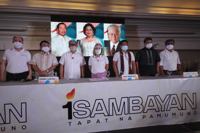 Convenors pose during the launching of the 1Sambayan group on Thursday. The coalition is led by retired Supreme Court associate justice Antonio Carpio. It aims to form a unified opposition slate to topple the administration’s bets in the upcoming national elections. DANNY PATA VIA GMA NEWS