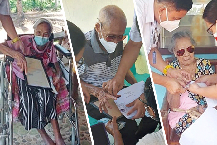 Centenarians (from left) Anacleta Gahap Garcia, Sabino Gallego and Virginia Gaborno Montaño of Buenavista, Guimaras have bared their secret to long live – eating more vegetables than meat. PHOTOS FROM LGU BUENAVISTA FACEBOOK PAGE