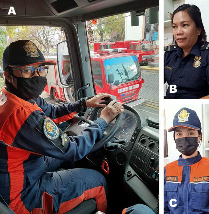 TRAILBLAZING ILONGGAS Fire Officer 2 Marian Camposano (A), Fire Chief Inspector Melanie Habawel (B) and Fire Officer 1 Jessa Lynn Gonzaga (C) of the Bureau of Fire Protection in Western Visayas are out to extinguish the notion that firefighting is a profession only reserved for men.