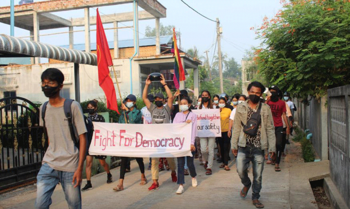 Protesters march against the ongoing coup in Myanmar. The country has been rocked by daily protests since the army overthrew Aung San Suu Kyi’s elected government and installed the junta. DAWEI WATCH VIA REUTERS