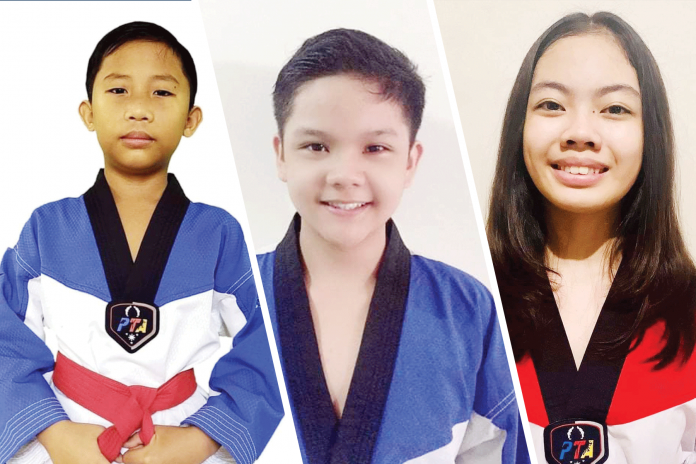 Negros Taekwondo Union-Tigers New Gen’s Cipriano Lumanog (left) and Gadiel Estor (center) capture gold medals each, while Christelle Therese Avancena (right) gets bronze medal in the 2021 MVPSF/Smart Online National New Face of the Year Speed Kicking Taekwondo Championship. NEGROS TAEKWONDO UNION-TIGERS NEW GEN