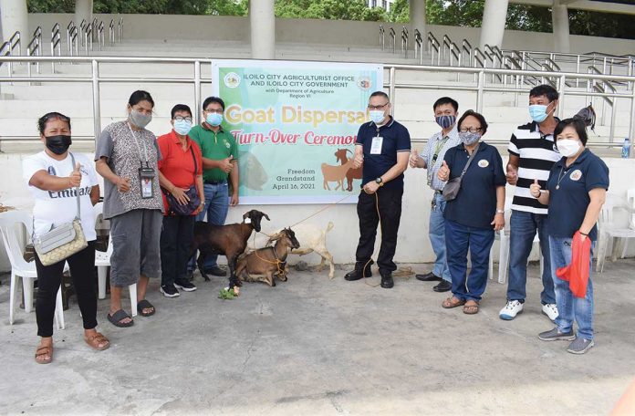 Beneficiaries and officials of the Iloilo City Agriculturist Office, Iloilo City Government, and the Department of Agriculture Western Visayas strike a pose during the turn-over ceremony of the 15 heads of goat to five farmers in the city. It was held at the Iloilo City Dinagyang Grandstand on April 16. DA-6