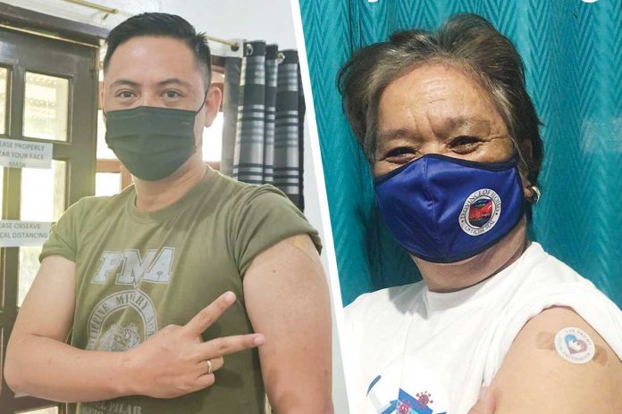 (left) Major Cenon Pancito II: “I am a living example that people should not fear the COVID-19 vaccine. The best vaccine is the one available on the shelf;" “I am encouraging healthcare workers nga magpa-vaccine na para maproteksyonan man kontra sa COVID-19,” says Dr. Cynthia Cabangal-Ng.