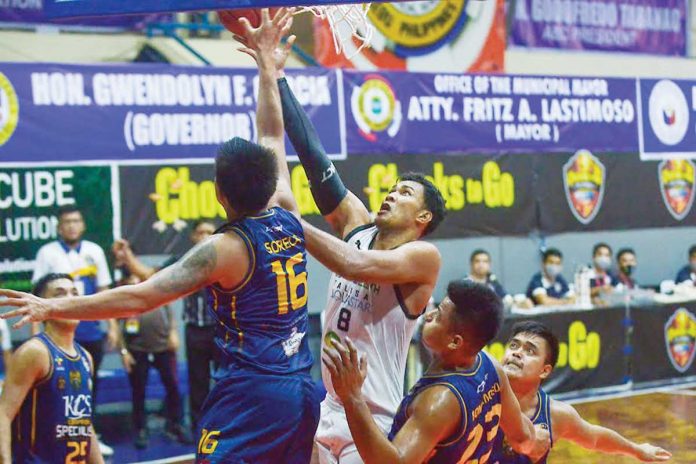 Jhaymo Eguilos (8) attempts to score for MJAS Zenith-Talisay City Aquastars against KCS Computer Specialist-Mandaue’s Michole Sorela (16) during Game 2 of the Pilipinas VisMin Super Cup’s Visayas leg finals in Cebu on May 8. CHOOKS-TO-GO PILIPINAS