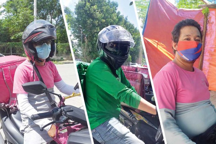 Food deliverymen Arnel Lauriano (left), Cyrus John Dela Rosa (upper right) and Gerald Sumaculob are seeing a silver lining amid the coronavirus pandemic.