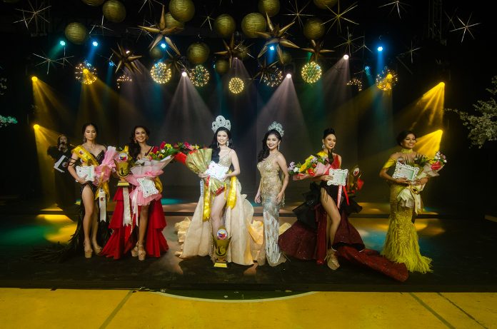 WINNING BEAUTIES Winners of the 49th Carabao-Carroza Festival Queen stand with pride during the coronation night on May 31, 2021 in Pavia, Iloilo. (From left) Balabag’s Marie Rheann Lasaga (3rd runner-up); Pandac’s Lindy Mae Janolino (1st runner-up); 2021 festival queen Arielle Justine Panistante; 2020 festival queen Elaisha Pomida; Alessandra Mae Galilea of Purok 3 (2nd runner-up); and Anthonette Zanne Victoria Angelitud of Jibao-an (4th runner-up)