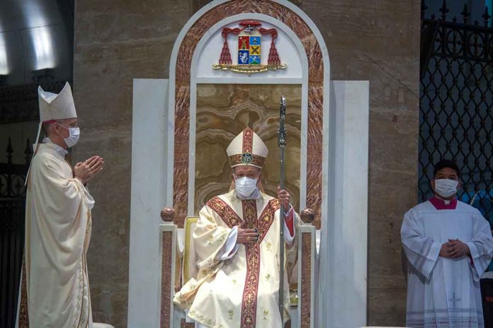 Cardinal Jose Advincula sits in the Cathedra, the Bishops Seat, for the first time as archbishop of Manila Thursday, June 24, 2020. PHOTO BY ROY LAGARDE, CBCPNEWS.NET