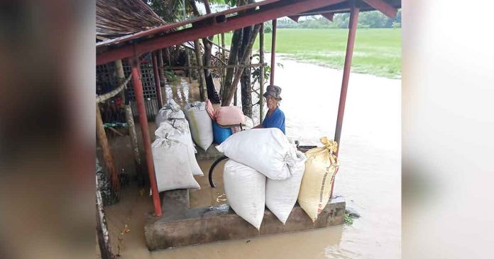 A farmer in the southern part of Negros Occidental ensures that the knee-deep water will not reach the sacks of palay on a waiting shed during the onslaught of Tropical Storm Dante on June 2, 2021. MUNICIPALITY OF VALLADOLID FACEBOOK PAGE