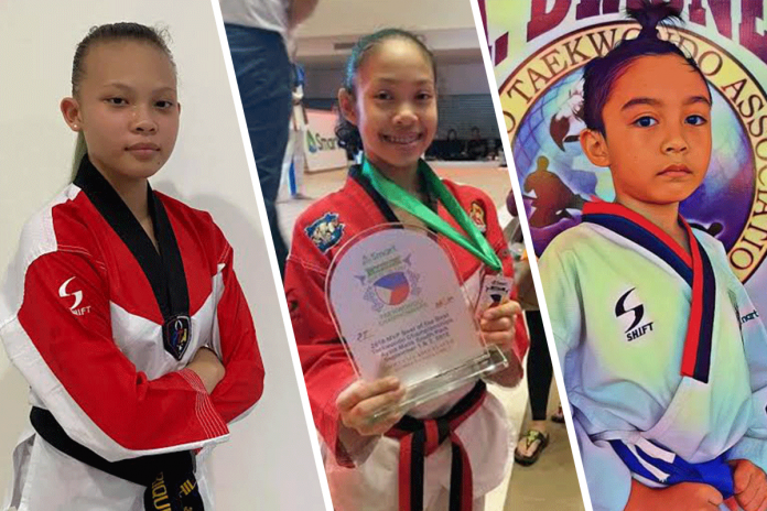 Leigh Andee Rodriguez (left) of Negros Taekwondo Union-Tigers New Gen, Angela Bermejo of Iloilo MVP Taekwondo Gym (center), and Kian Ezekiel Castigador (right) of A. Diasnes Taekwondo Gym are gold medal winners in the 2021 SMART-MVPSF National Interschool Speed Kicking Championships. CONTRIBUTED PHOTOS