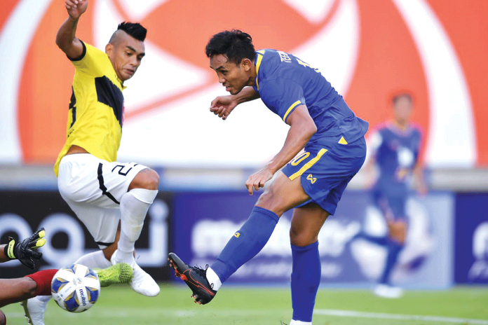 BG Pathum United forward Teerasil Dangda (right) scores against Kaya Futbol-Club Iloilo. BANGKOKPOST.COM