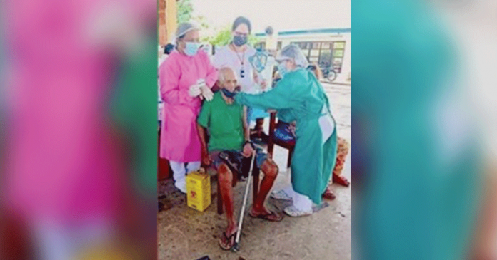 PROTECTION. Ninety-year-old Lorenzo Desales of Barangay Idio, Sebaste, Antique avails himself of the vaccine against coronavirus disease. He is the second oldest resident of Antique to get inoculated, according to the Integrated Provincial Health Office. PHOTO COURTESY OF BARANGAY CAPTAIN PAMELA SOCORRO AZUCENA