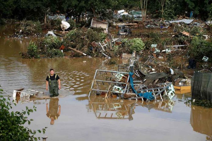 A man walks through the water in an area affected by floods following heavy rainfalls in Bad Neuenahr-Ahrweiler, Germany. REUTERS/WOLFGANG RATTAY