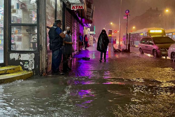 People make their way in rainfall from the remnants of Hurricane Ida in Bronx, New York City. DAVID DEE DELGADO/GETTY IMAGES