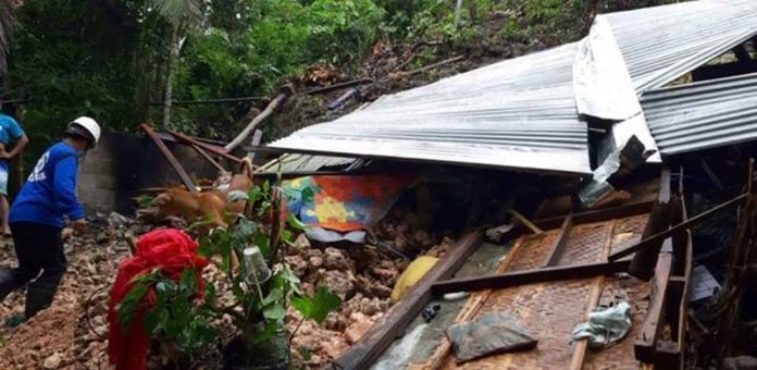 In Sitio Buro, Barangay Dagsaan, Buenavista, Guimaras, the continuous rains brought by Tropical Depression “Lannie” caused a slight movement of soil down mountain slopes, causing a rockslide that destroyed houses.