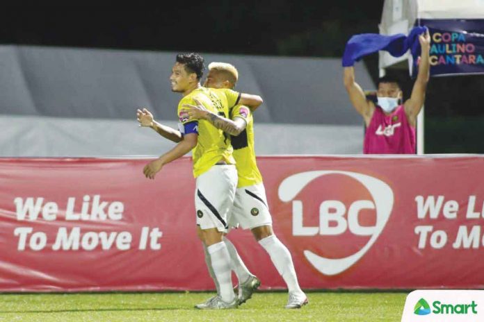 Ilonggo Jovin Bedic is all smiles after hitting the go-ahead goal for Kaya Futbol Club-Iloilo. PFL PHOTO