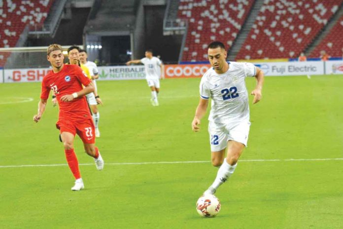 Amin Nazari is the lone goal scorer for the Philippine Azkals in their 2-1 defeat to Singapore on Dec. 8. AFF PHOTO