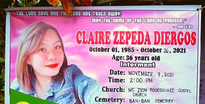 This is the tarpaulin produced for the burial of businesswoman Claire Diergos in November 2021. A single mother, Diergos was stabbed to death in October last year.