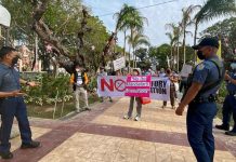 The Alliance Against Mandatory COVID-19 Vaccination in Iloilo City holds a protest at Plaza Libertad. People who remain unvaccinated for whatever reason could be deprived of their sources of income and access to basic necessities because of the restrictions, according to the group. KARAPATAN PANAY PHOTO