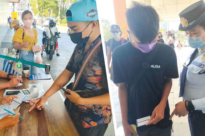 WHERE IS YOUR VAX CARD? A young man (left photo) going to Guimaras Island presents his COVID-19 vaccination card, identification card and outbound pass to inspectors at the Parola wharf in Iloilo City. Right photo shows a security guard checking the vaccination card of a boy entering a mall in Mandurriao, Iloilo City. The card inspections aim to restrict the movement of the unvaccinated to supposedly curb the spread of coronavirus. PN PHOTO