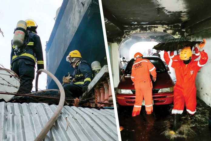 Firefighters climb the roof of a house (left photo) in Barangay Burgos-Mabini, La Paz, Iloilo City to have a good position from where to spray water to houses being engulfed by fire on Tuesday. Right photo shows firemen checking out a damaged car in the garage of a house that fire struck. Three separate fire incidents rocked the city yesterday. PN Photo