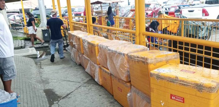 These boxes of frozen meat products from areas hit by the African Swine Fever were intercepted at the port in Dumangas, Iloilo. PVO PHOTO