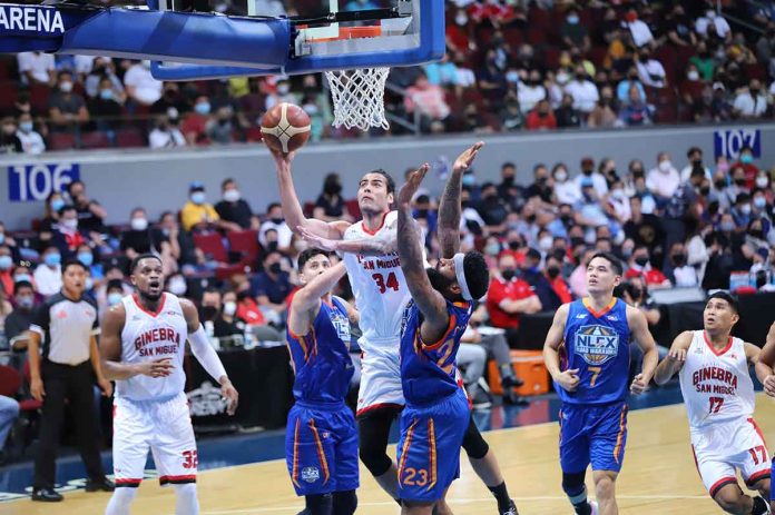 Barangay Ginebra San Miguel Kings’ Christian Standhardinger attacks the defense of NLEX Road Warriors for an inside hit. PBA MEDIA BUREAU