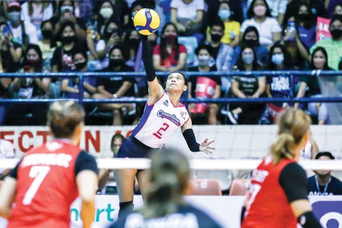 Creamline Cool Smashers’ Alyssa Valdez scores on an attack point against Petro Gazz Angels in Game 2 of the 2022 PVL Open Conference finals. PVL MEDIA BUREAU