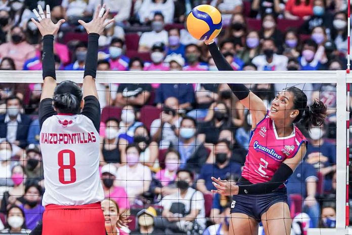 Creamline Cool Smashers’ Alyssa Valdez launched an attack against the defense of Ilongga Aiza Maizo-Pontillas of Petro Gazz Angels. PVL MEDIA BUREAU