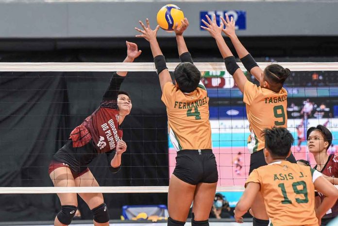 Negrense Alyssa Bertolano of the University of the Philippines Fighting Maroons attempts to score against Jovelyn Fernandez of Far Eastern University’s Lady Tamaraws. UAAP MEDIA BUREAU