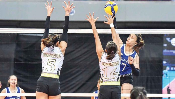 Faith Nisperos and the Blue Eagles deal the Tigresses their first straight-sets loss in the tournament. UAAP PHOTO