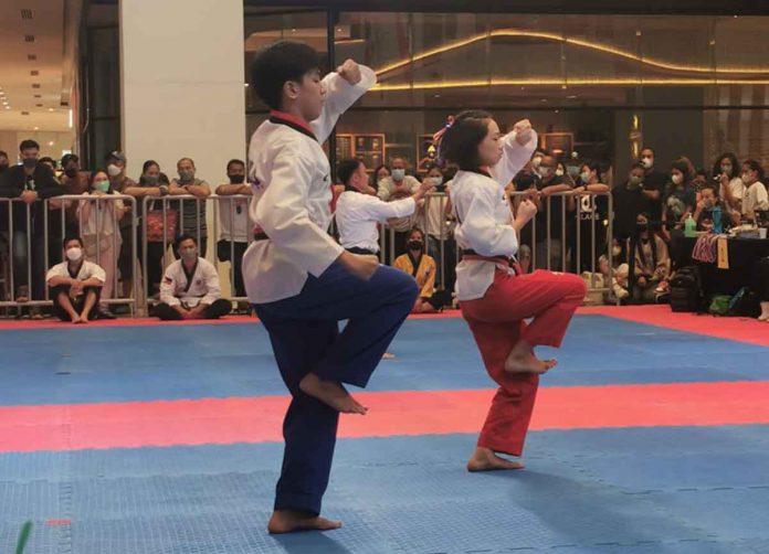 Antonio Miguel Nafarrete & Mariel Angela Siscar earns a bronze medal for the Cadet Mixed Pair Poomsae Category during the two-day 2022 SMART/MVPSF National Taekwondo Poomsae Championships held recently in Ayala Malls, Manila Bay in Manila City.