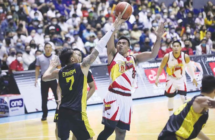 Vic Manuel is pivotal in the San Miguel Beermen’s fourth quarter breakaway from the TNT Tropang Giga in Game 2 of the 2022 PBA Philippine Cup finals. PBA MEDIA BUREAU