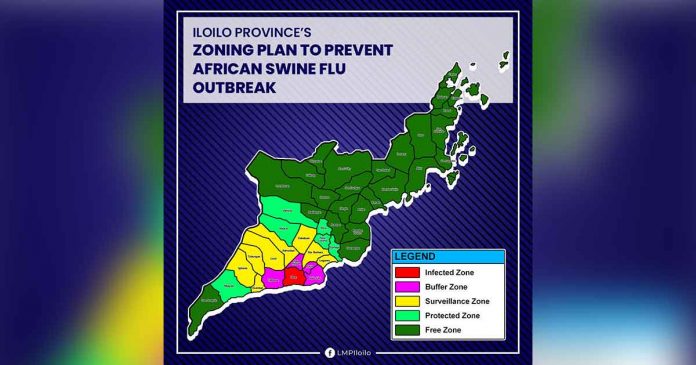 The towns of Oton and San Miguel in Iloilo province are now African Swine Fever red (Infected) zones. The adjacent towns of Tigbauan, Pavia, Leon, Alimodian, Cabatuan, and Santa Barbara, and Iloilo City are classified as Pink (Buffer) zones. On the other hand, Guimbal, Igbaras, Tubungan, Leganes Maasin, Janiuay, New Lucena, Mina, and Zarraga are Yellow (Surveillance) zones while Miag-ao, Pototan, Dumangas, Badiangan and Lambunao are Light Green (Protected) zones. The rest of the province are under Green (Free) Zone.LMP ILOILO FACEBOOK PAGEPHOTO