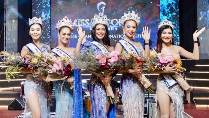 (From left) First runner-up Eirine Juliane Granada, Miss Bacolod MassKara World Janine Gelera, Miss Bacolod MassKara Universe Kara Daniela Villarosa, Miss Bacolod MassKara International Jan Marie Bordon, and second runner-up Sandale Masangcay