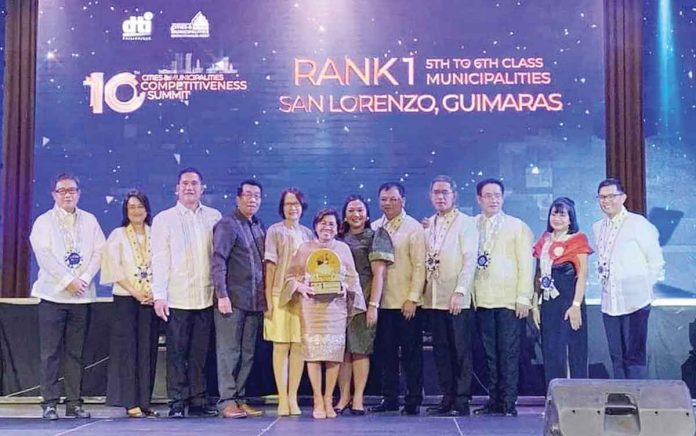 Mayor Ninfa Gajo (6th from left) receives the award of San Lorenzo, Guimaras as the “most competitive” municipality in the Philippines under the category of fifth to sixth class municipalities for year 2021 during the 10th Cities and Municipalities Competitiveness Summit at the Philippine International Convention Center in Pasay City on Thursday, Oct. 20, 2022. PROVINCE OF GUIMARAS FACEBOOK PHOTO