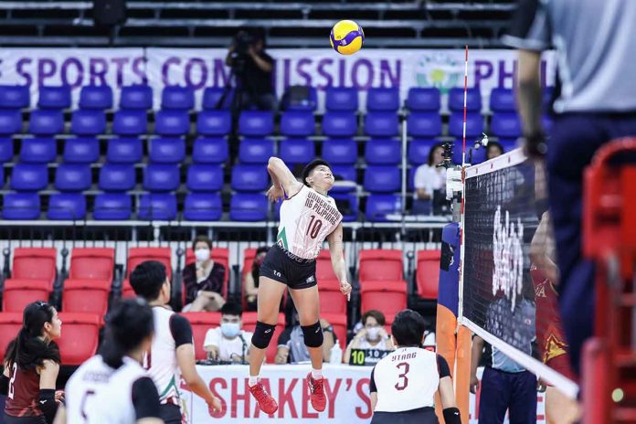 Bacolodnon Alyssa Bertolano of University of the Philippines Fighting Maroons goes for an attack against the Mapua University Lady Cardinals. SHAKEY’S SUPER LEAGUE PHOTO