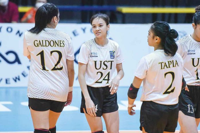 Negrense setter Cassie Carballo (24) had a solid game in University of Santo Tomas Golden Tigresses’ win over the San Beda University Lady Red Spikers. V-LEAGUE PHOTO