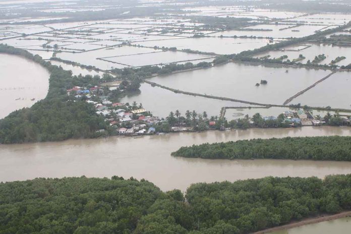 A total of 149 barangays in Capiz got flooded due to Tropical Storm “Paeng”, according to the Regional Disaster Risk Reduction and Management Council (RDRRMC) - Emergency Operations Center. Aerial photo shows the flooded areas in Capiz as of Sunday morning, Oct. 30. RDRRMC VI-PIA VI PHOTO